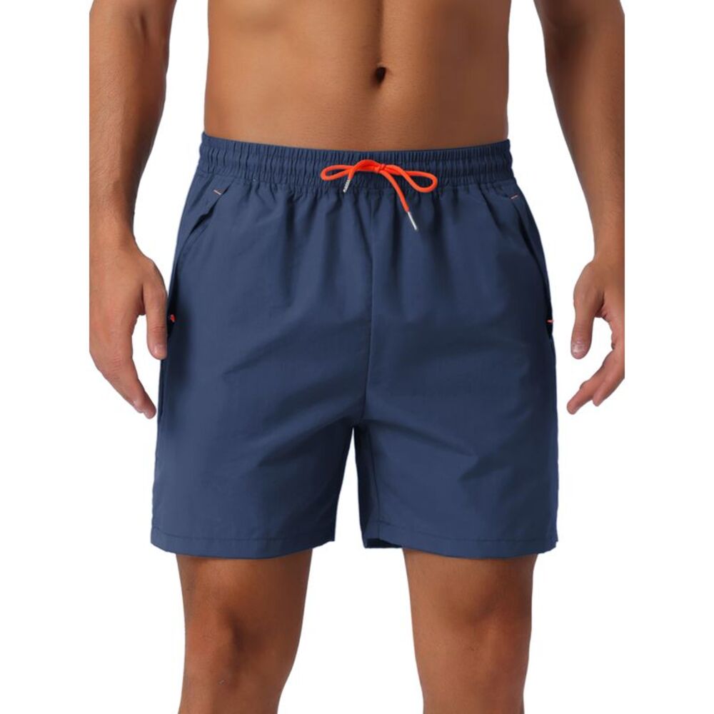 Summer Elastic Waist Drawstring Mesh Lining Swimming Beach Shorts Dark Blue